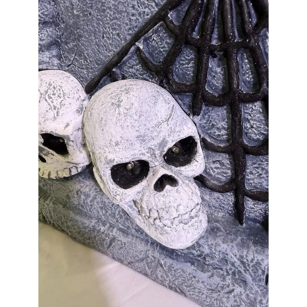 Large Halloween RIP Tombstone Decor Light-Up Skull Eyes Bat Spider Web Prop